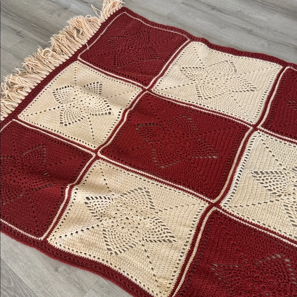 Vintage Handmade Crochet Afghan Throw Blanket Red Cream Granny Square Fringe